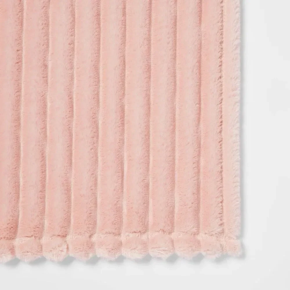 Room Essentials Blush Ribbed Plush Throw Blanket Soft Flannel New